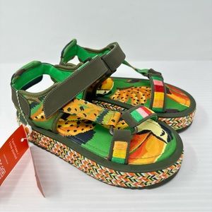 Farm Rio Green Toucans Flatform Raffia Sandals
